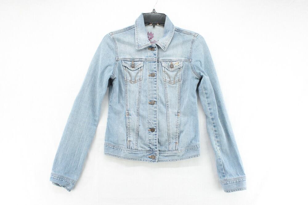Hollister Trucker Jean Jacket Womens Small Blue Distressed Button Up Costal